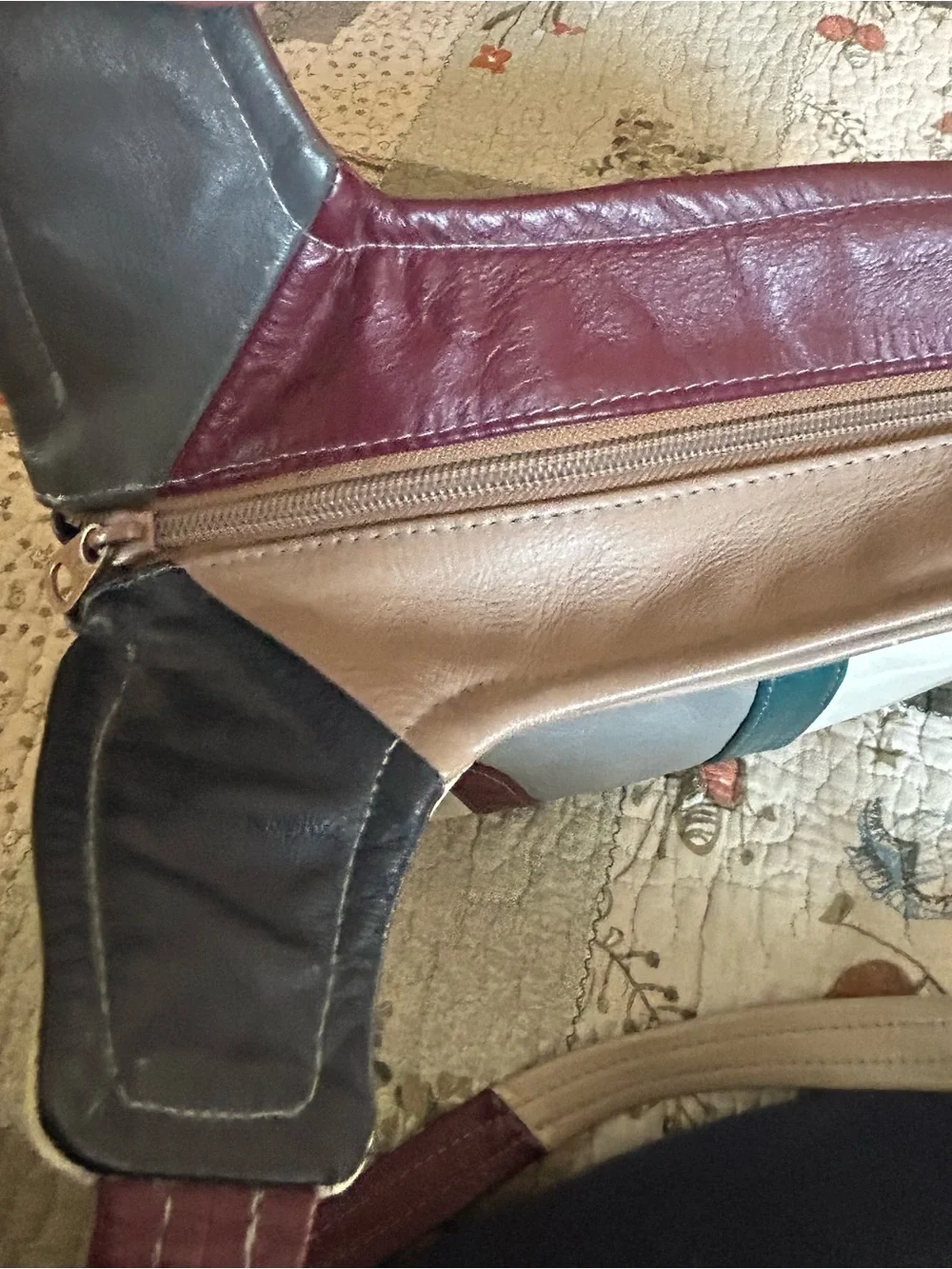 Multi-Color Genuine Leather Mexico Panel Shoulder Bag - Cream, Gray & Burgundy